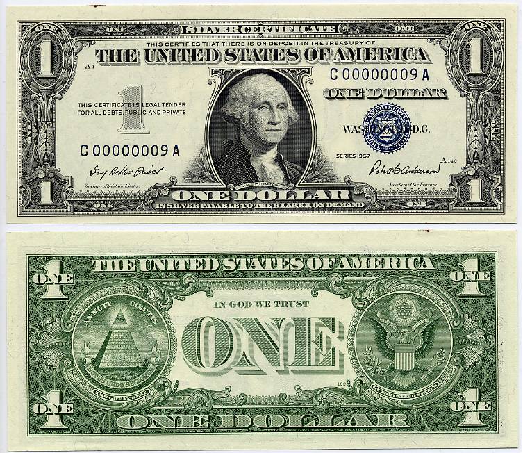 1957 $1 Silver Certificate Serial Number 9 Rare US Note Currency