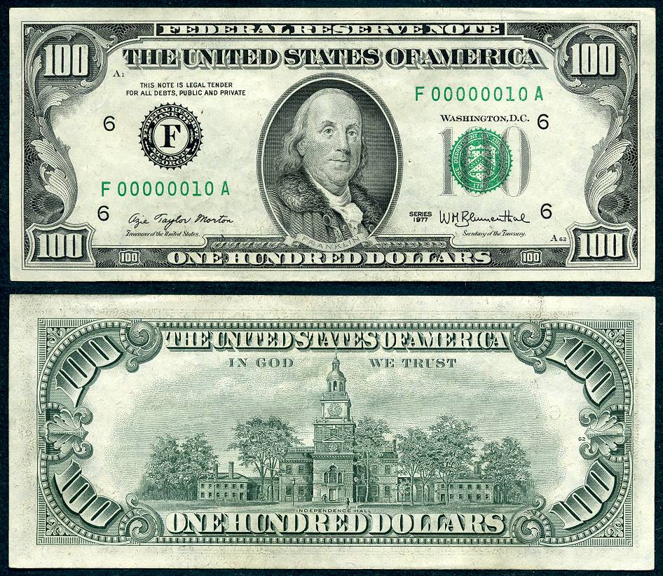 1977 100 Federal Reserve Note Serial Number 10 Maximus James