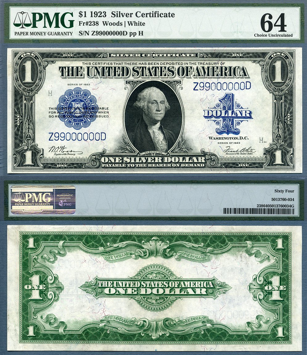 1923 1 Silver Certificate FR 238 Serial Number 99000000 Cool Fancy CAA